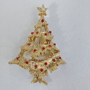 Vintage Gerrys Christmas‎ Tree brooch Gold Tone Red Bulbs